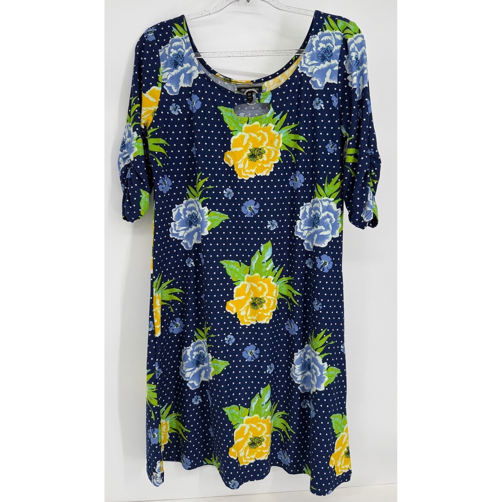 Allison Brittney Navy Floral Polka Dot Dress Ring Keyhole Ruched Sleeve Medium
